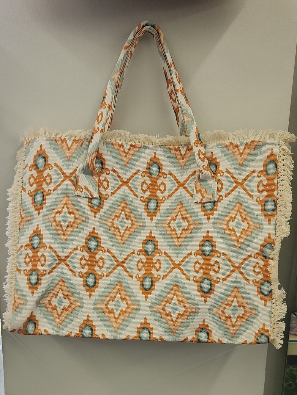 Fringed Aztec Print Large Bag in Orange & Aqua NWT